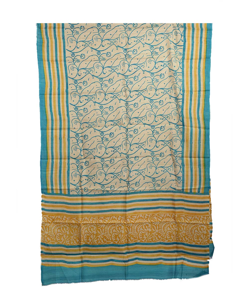 Beige mustard hand block print tussar silk dupatta