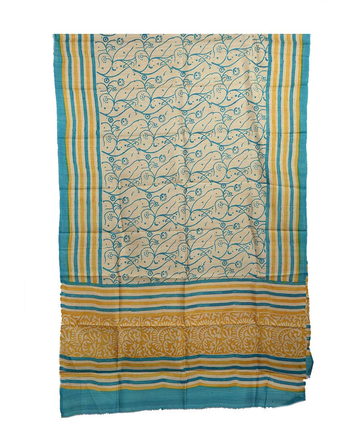 Beige mustard hand block print tussar silk dupatta