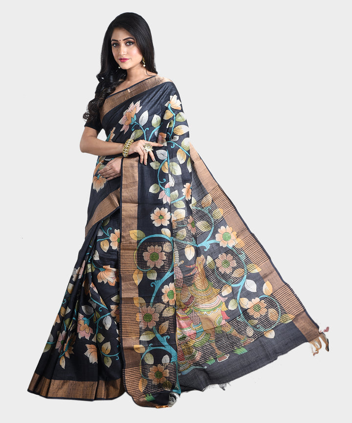 Black hand painted kalamkari tussar silk saree