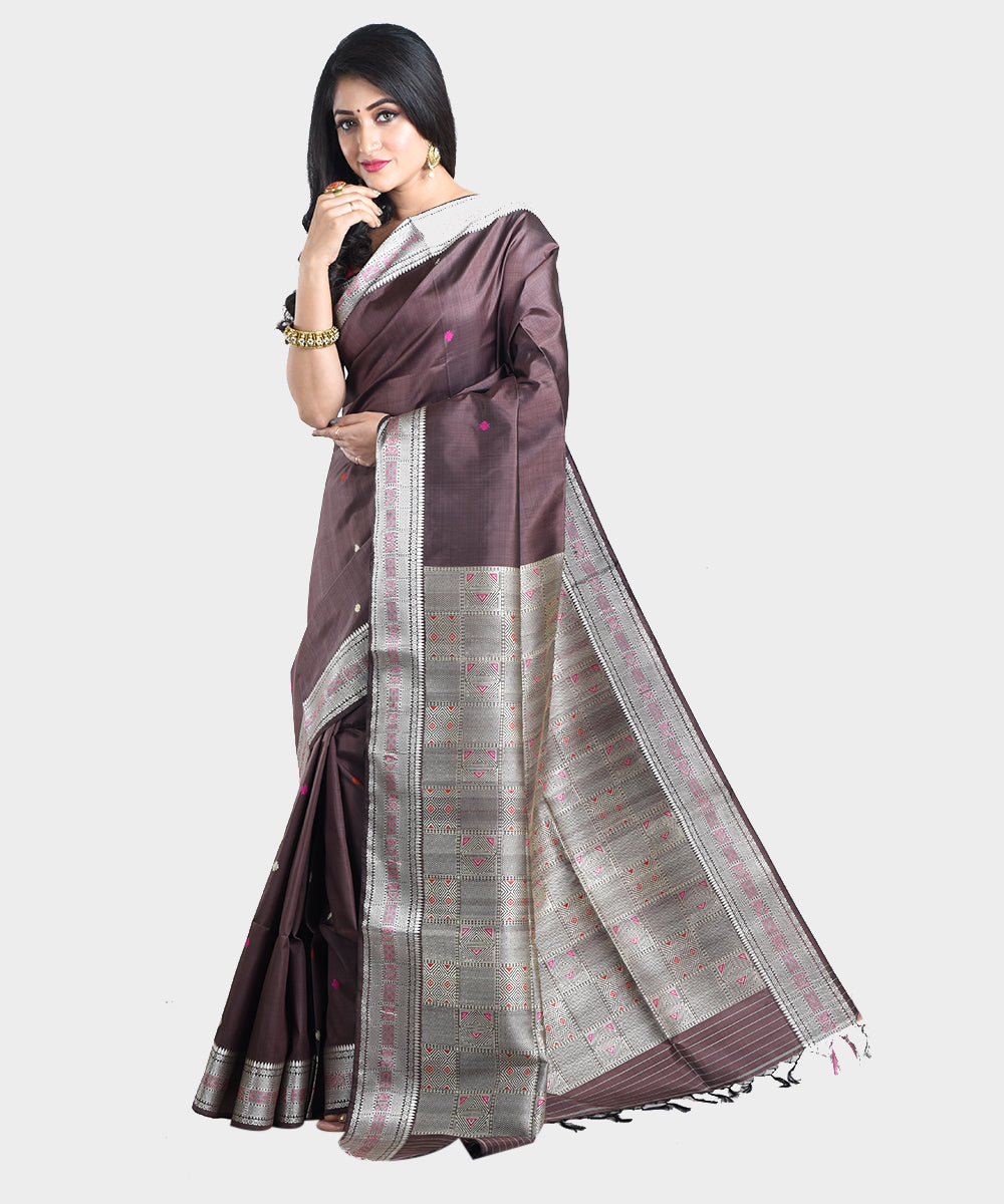 Brown silver handwoven silk saree