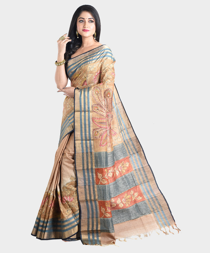 Brown hand painted kalamkari tussar silk saree