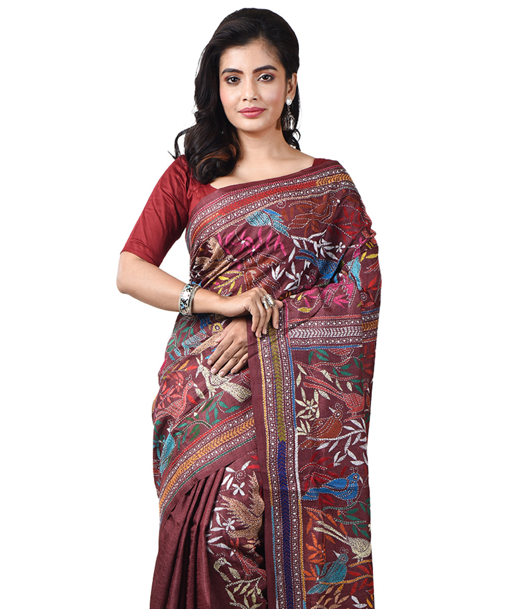 Brown tussar silk hand embroidery bengal kantha stitch saree