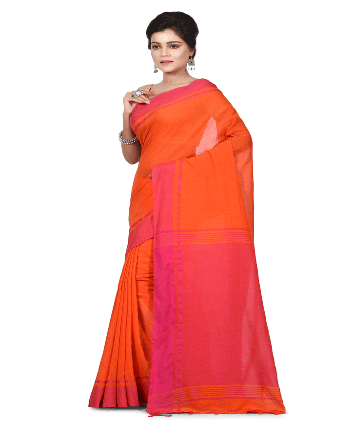 Handwoven Orange and Pink Bengal Cotton Saree