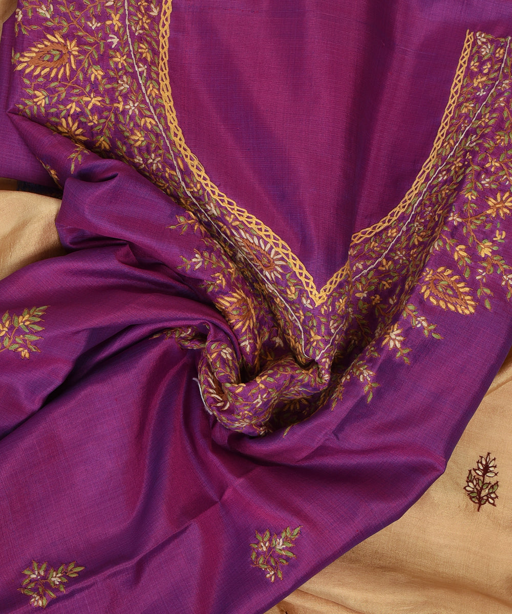 2pc Purple beige handwoven mulberry silk dress material with dupatta