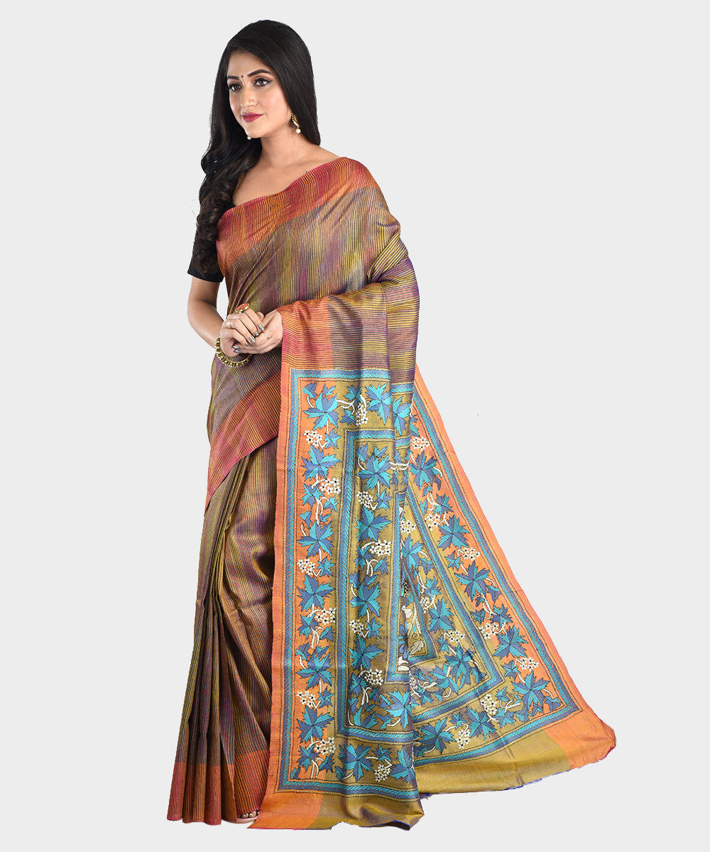 Brown orange double shade hand embroidery kantha stitch silk saree