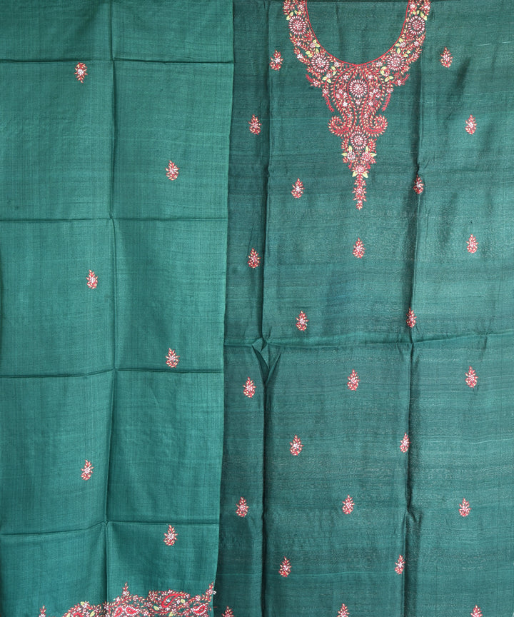 2pc Green hand embroidery tussar silk dress material