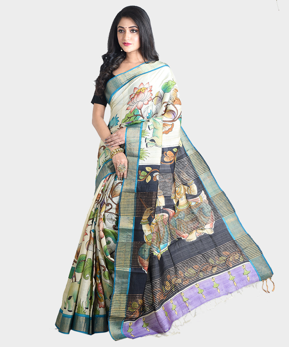 Beige hand painted kalamkari tussar silk saree