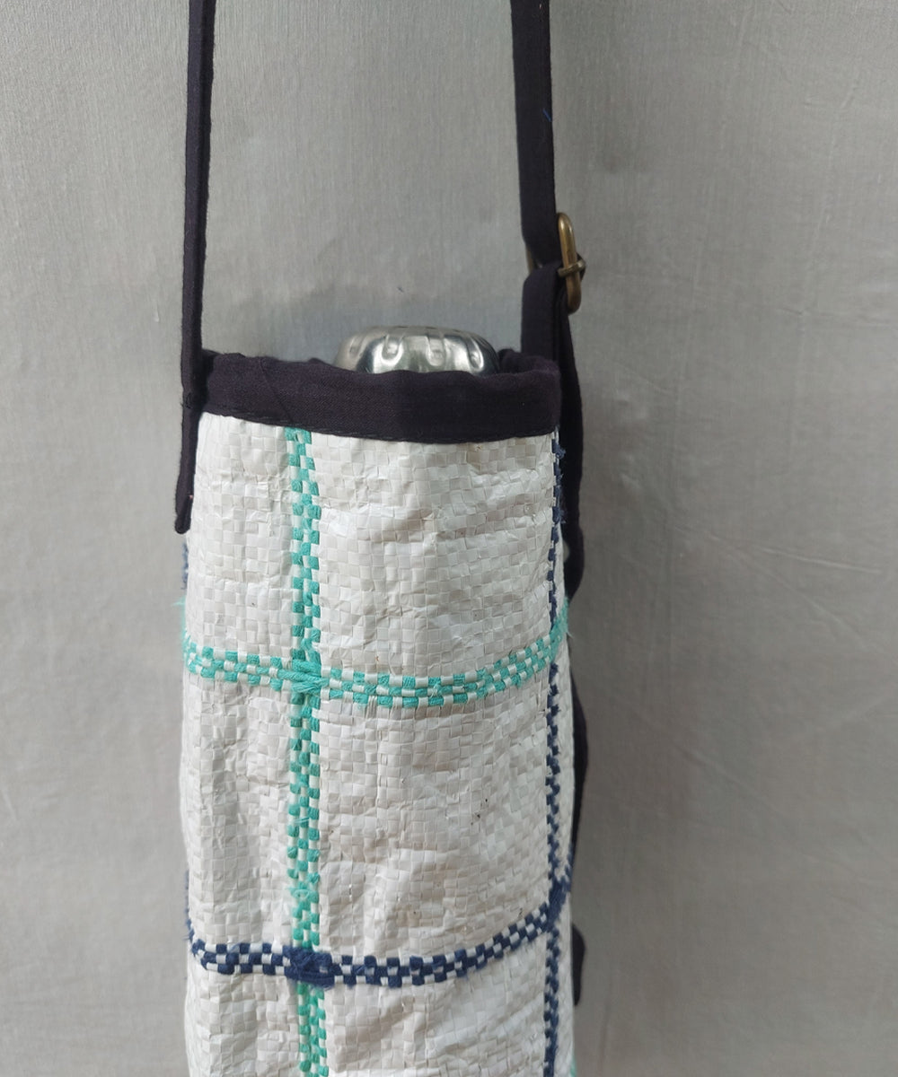 Blue black handcrafted embroidery canvas bottle bag