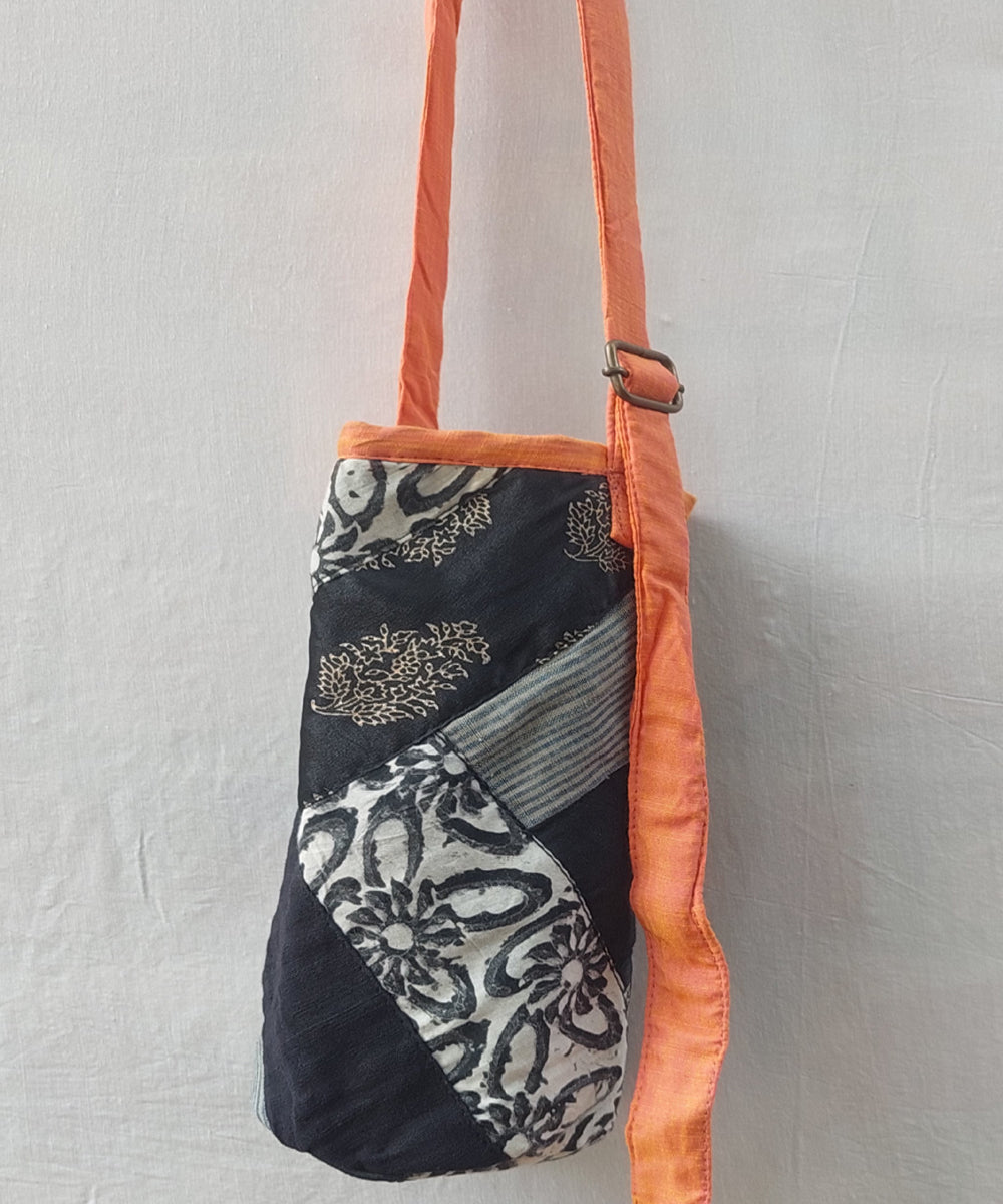 Orange black handcrafted canvas bottle bag