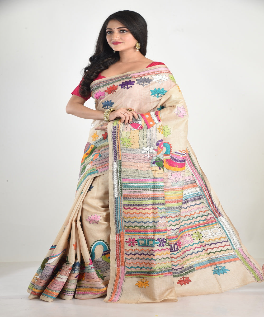 Beige with multicolor hand embroidery kantha stitch tussar silk saree