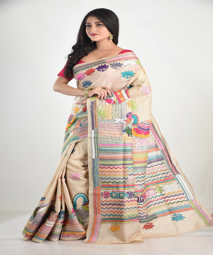 Beige with multicolor hand embroidery kantha stitch tussar silk saree
