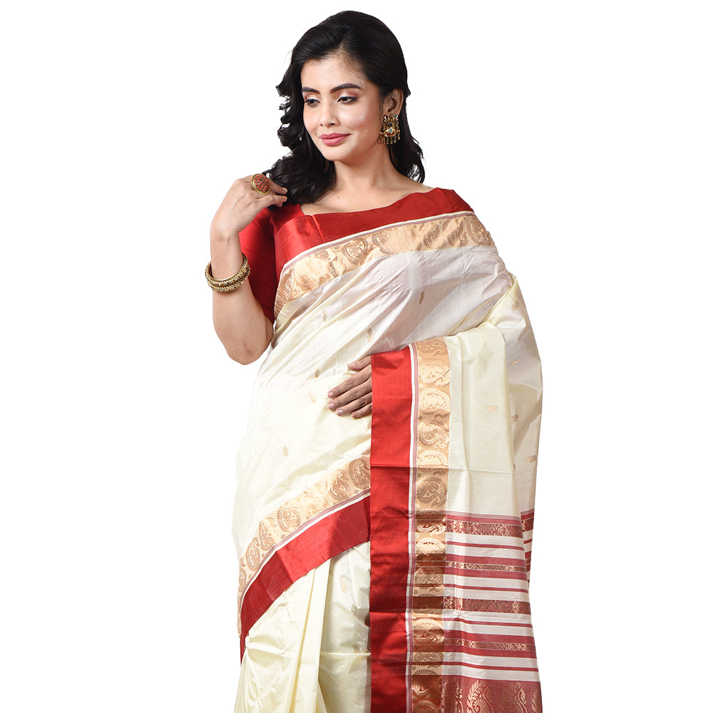 White red bengal handwoven silk garad saree