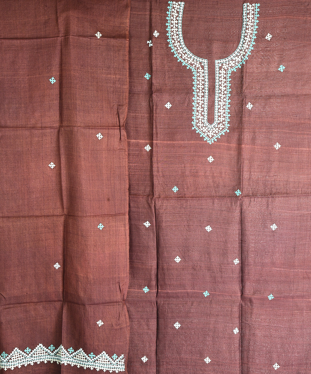 2pc Brown hand embroidery tussar silk dress material set