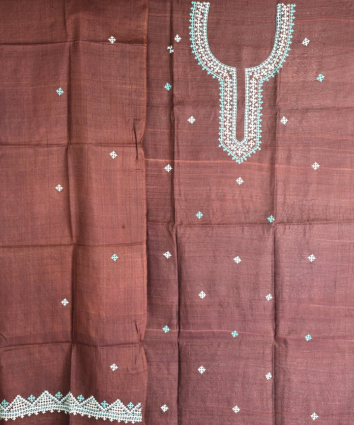2pc Brown hand embroidery tussar silk dress material set