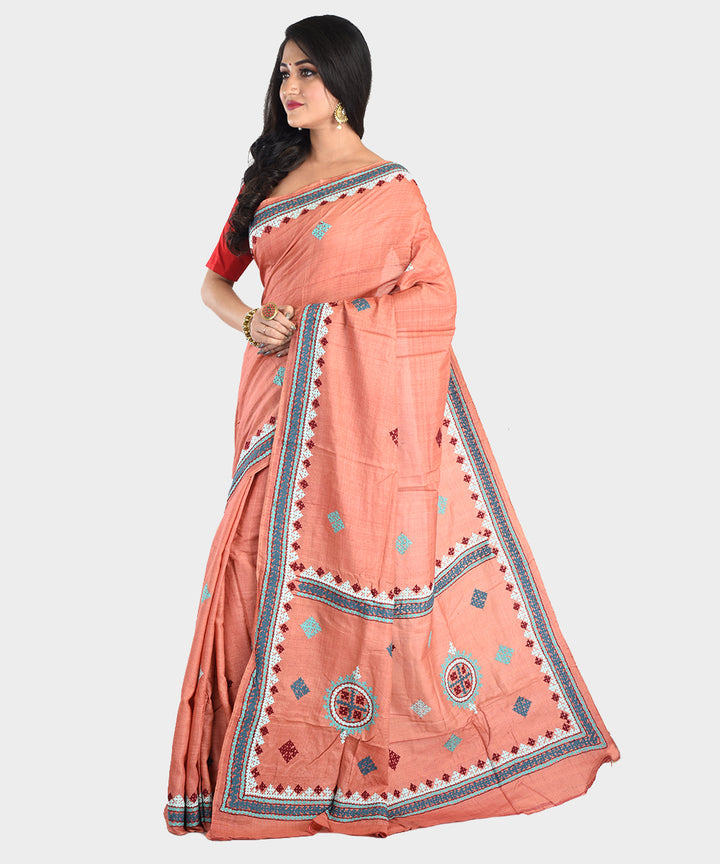 Light orange hand embroidery kantha stitch tussar silk saree