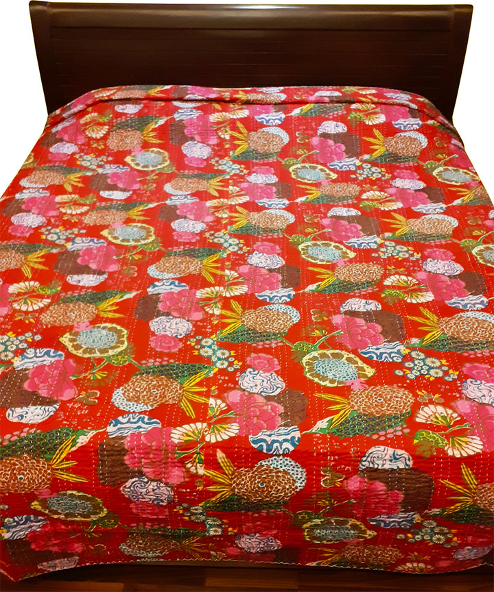 Magenta kantha work double layered cotton double bedcover/quilt