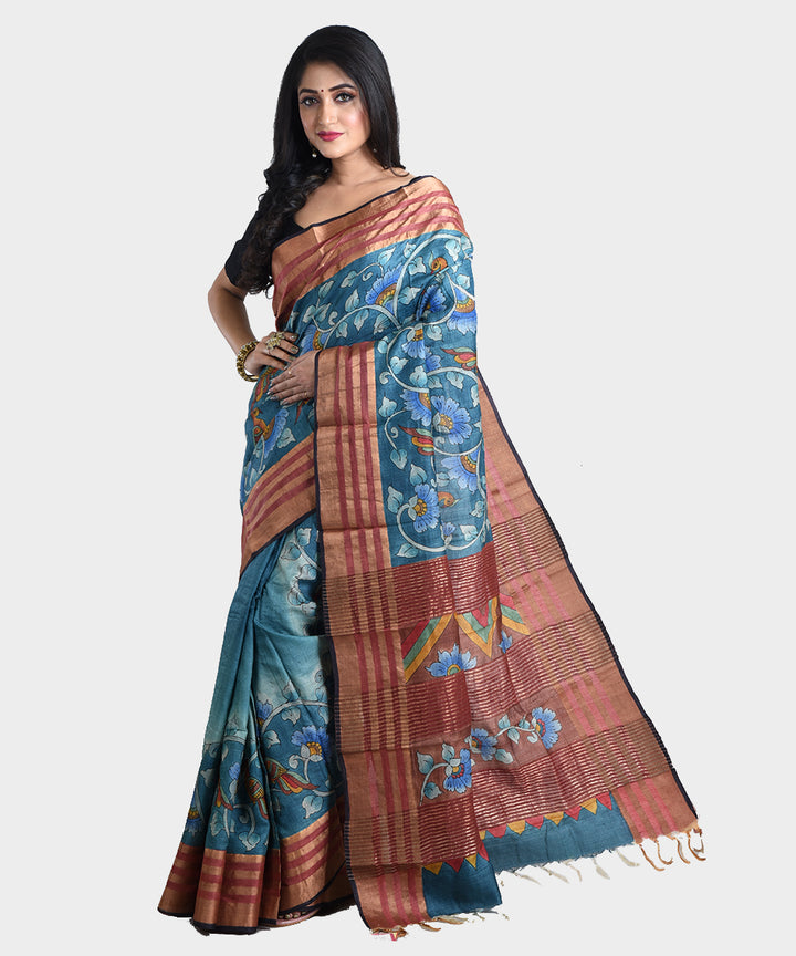 Blue hand painted kalamkari tussar silk saree