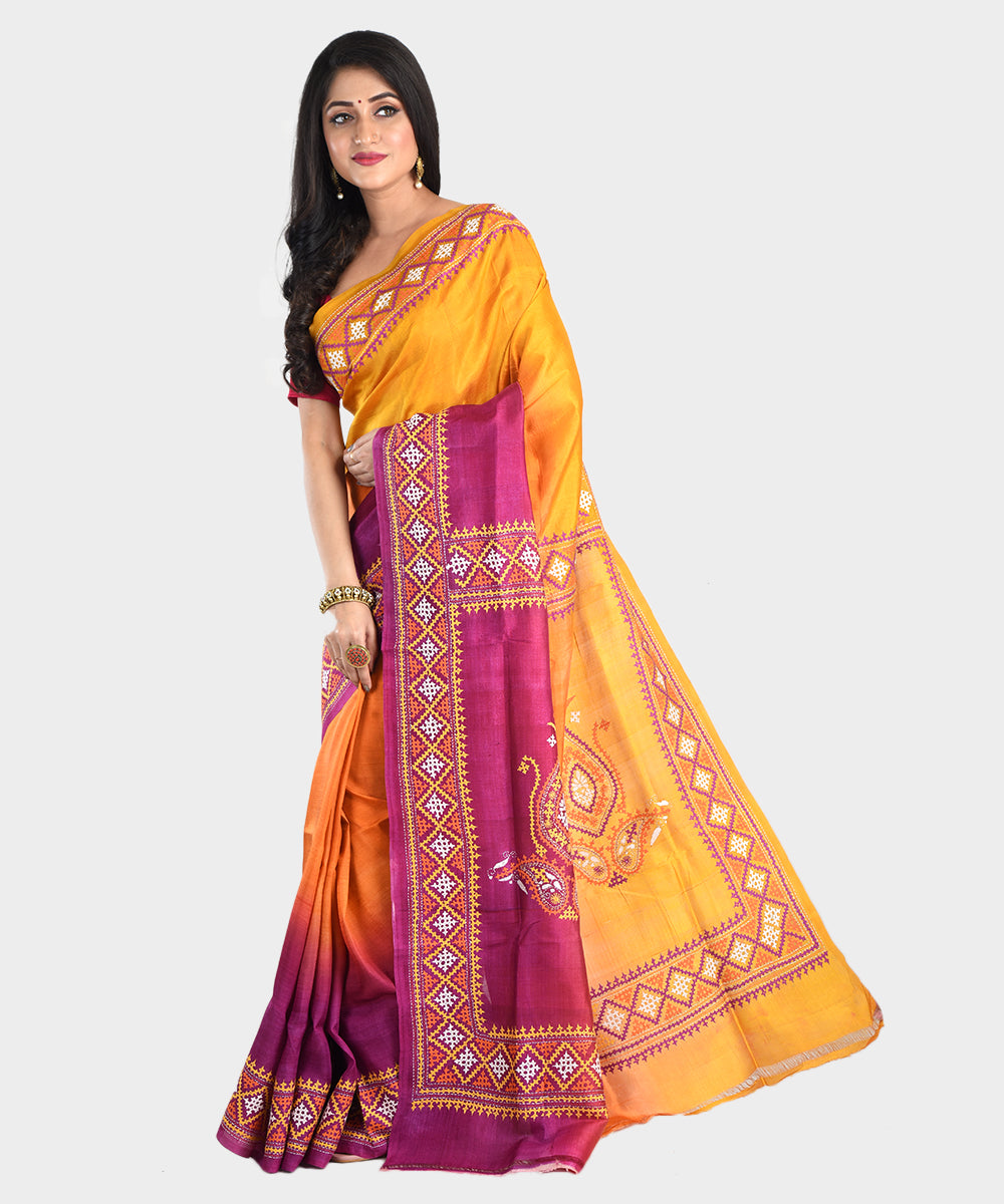 Mustard and purple hand embroidery kantha stitch silk saree