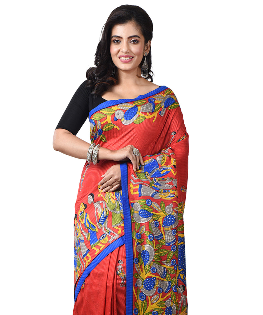 Red multicolor silk bengal hand block print saree