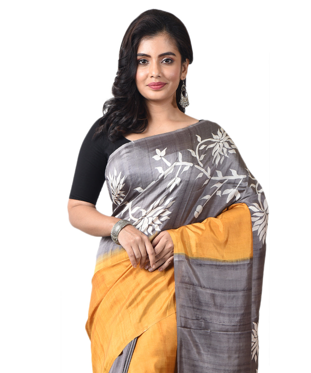 Yellow grey silk bengal hand block print saree