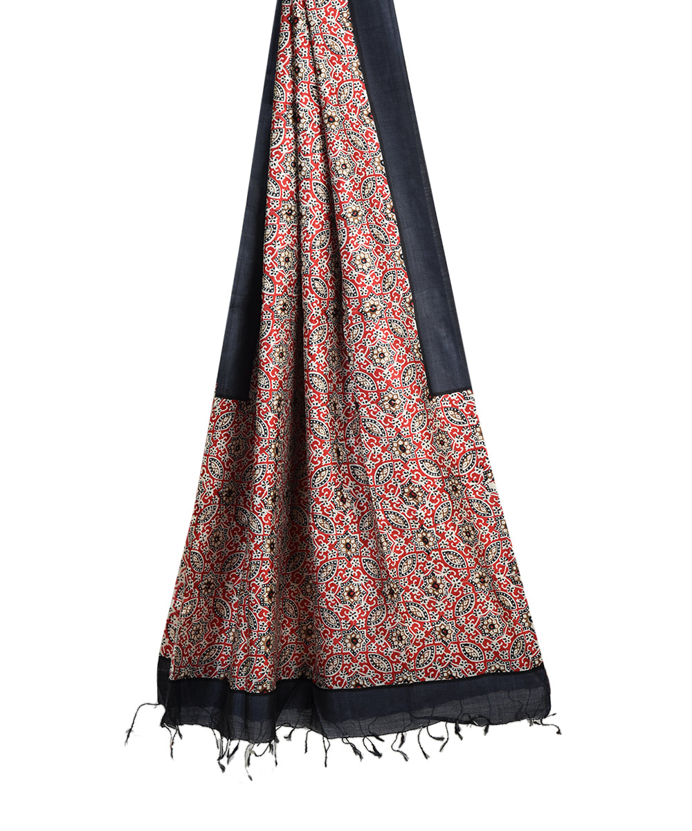 Black red bengal hand block printed silk dupatta