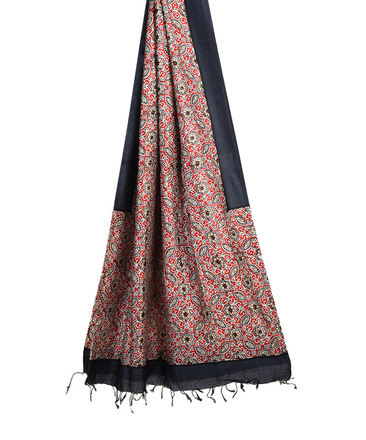 Black red bengal hand block printed silk dupatta