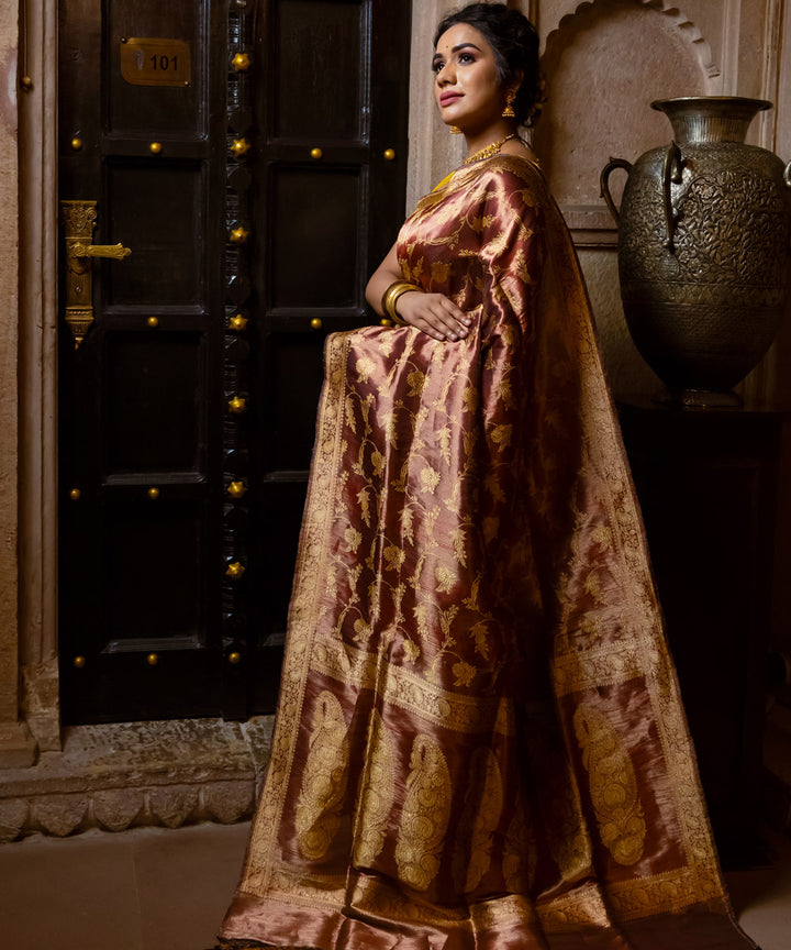 Maroon and golden silk handloom banarasi saree