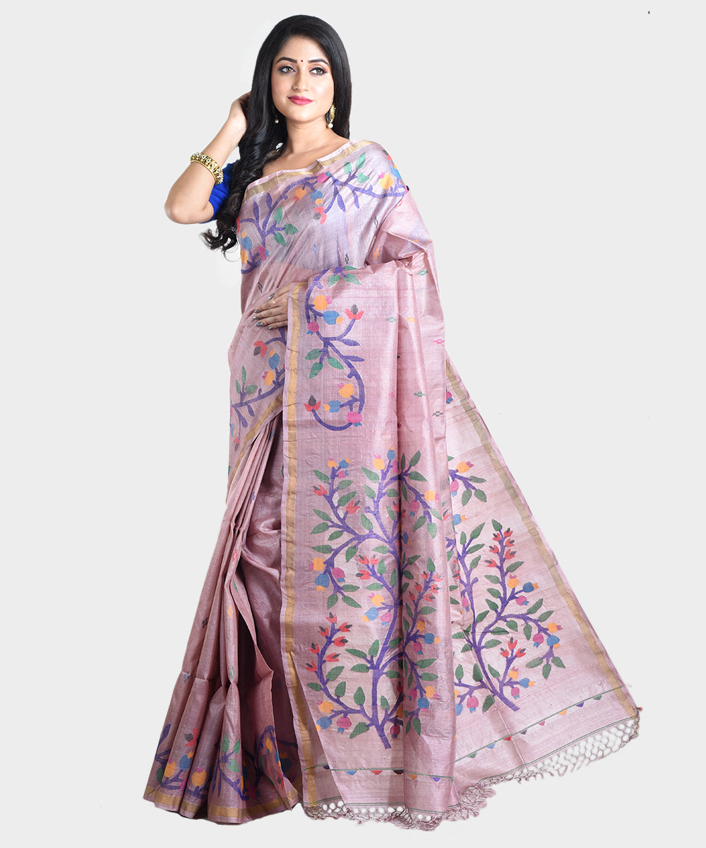 Mauve handwoven jamdani tussar silk saree