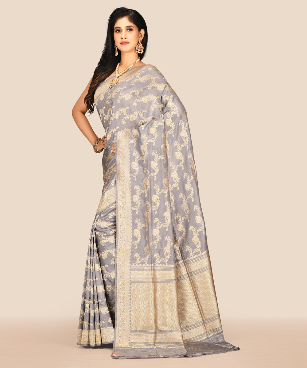Grey silk handwoven banarasi saree