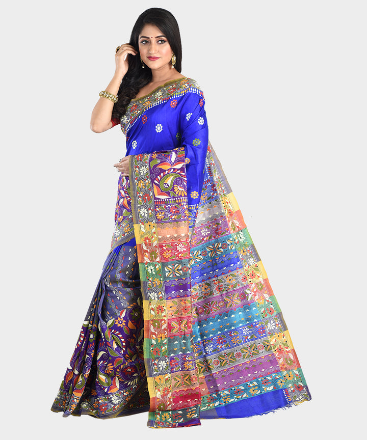 Navy blue hand embroidery kantha stitch silk saree