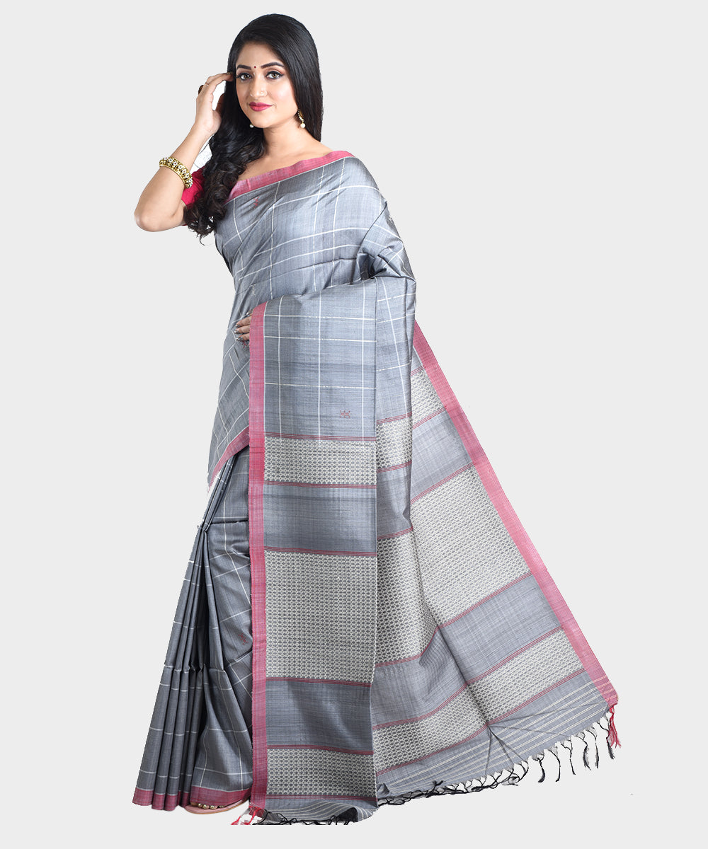 Grey handwoven tussar silk saree