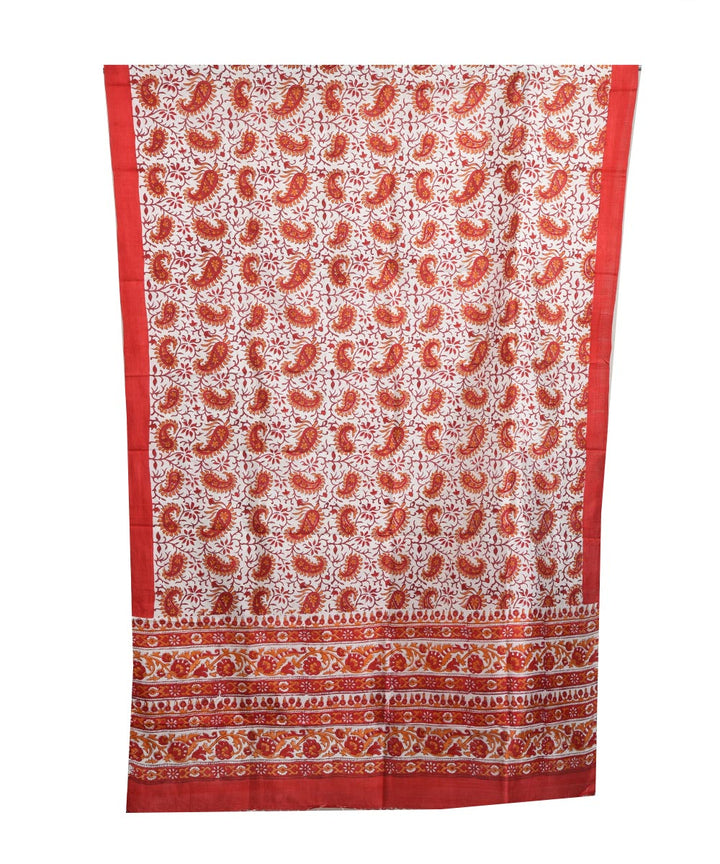 Red white hand block print silk dupatta