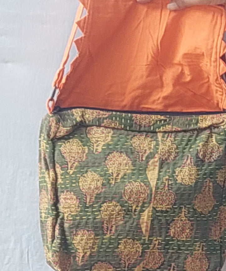 Green handcrafted kantha work cotton sling bag
