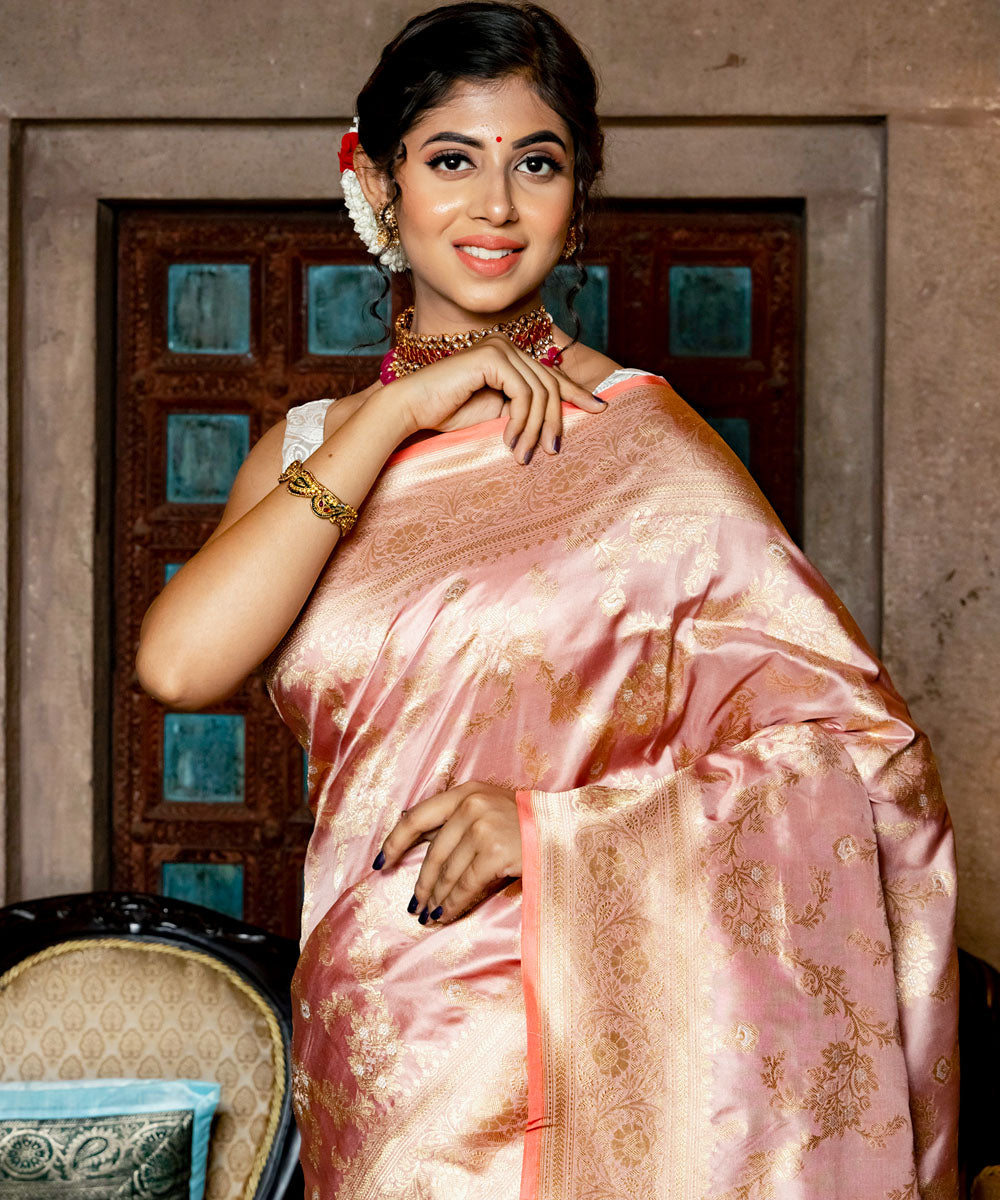 Cream peach silk handwoven banarasi saree