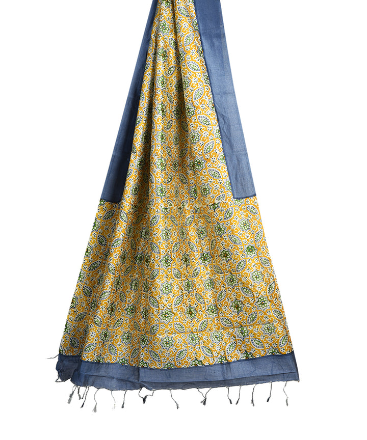Yellow grey bengal hand block printed silk dupatta