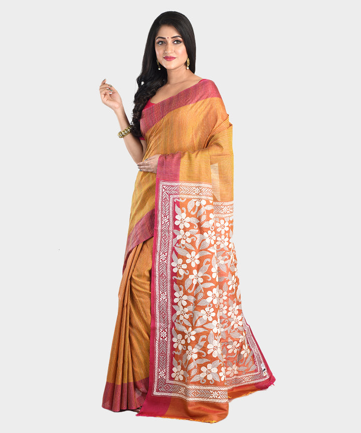 Mustard and pink hand embroidery kantha stitch silk saree