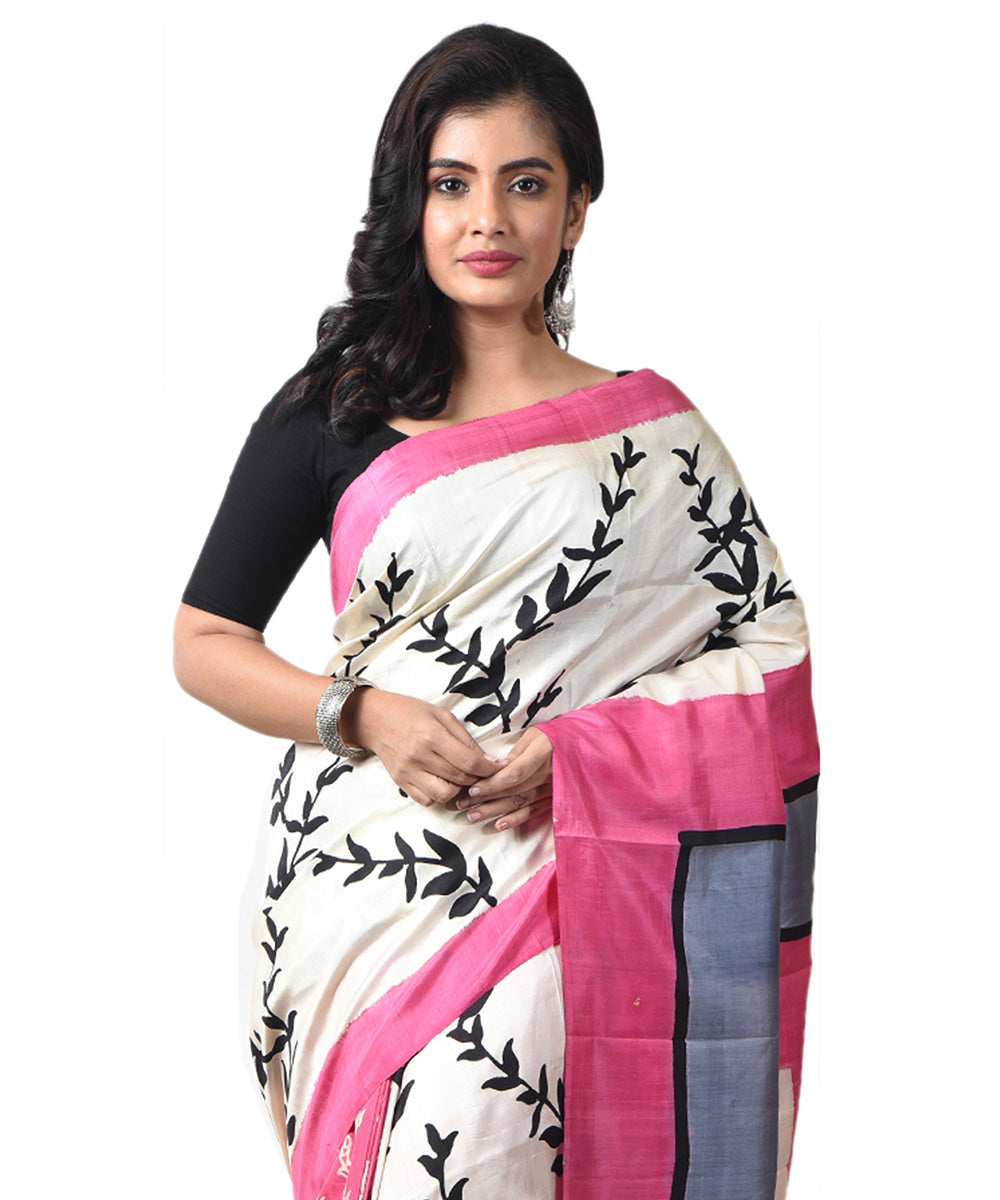 White pink silk bengal hand block print saree