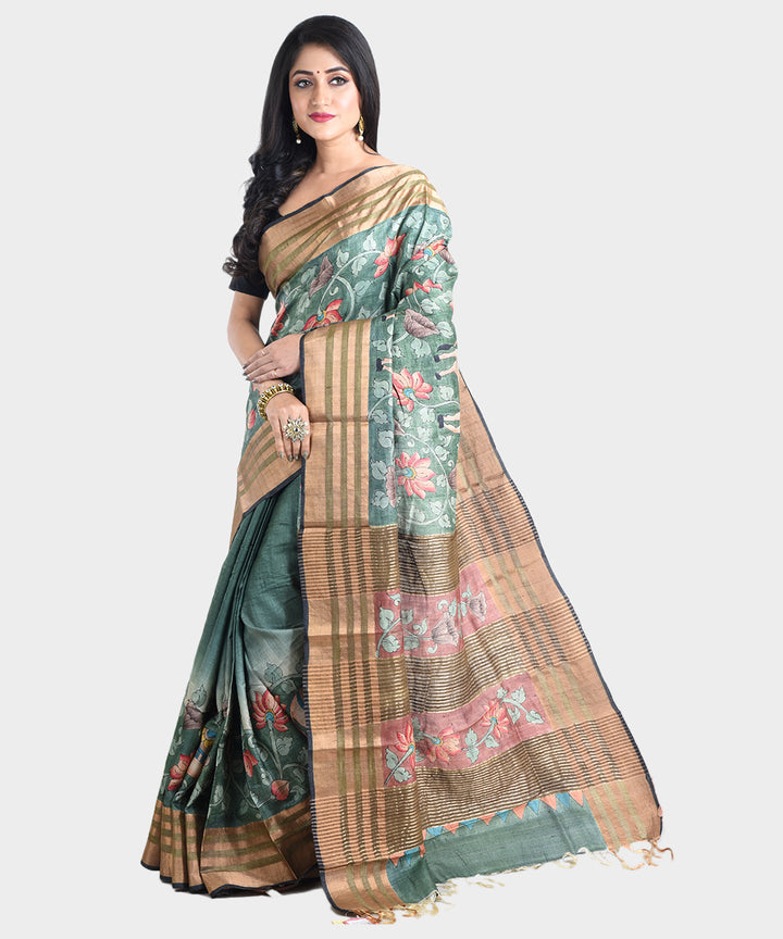 Light green hand painted kalamkari tussar silk saree