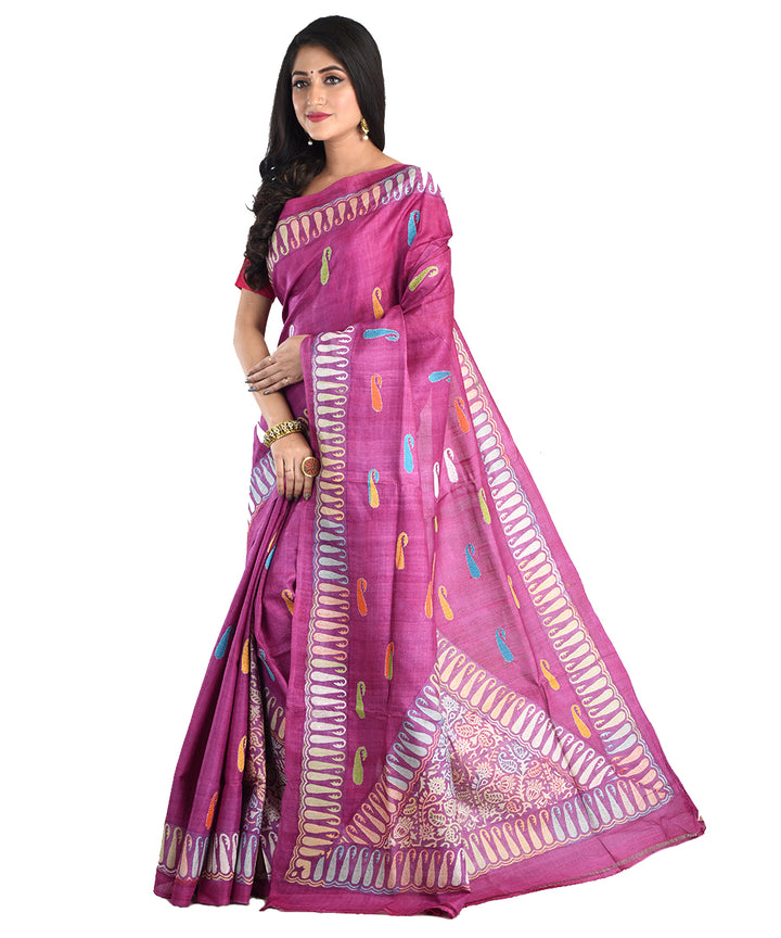 Purple hand embroidery kantha stitch tussar silk saree