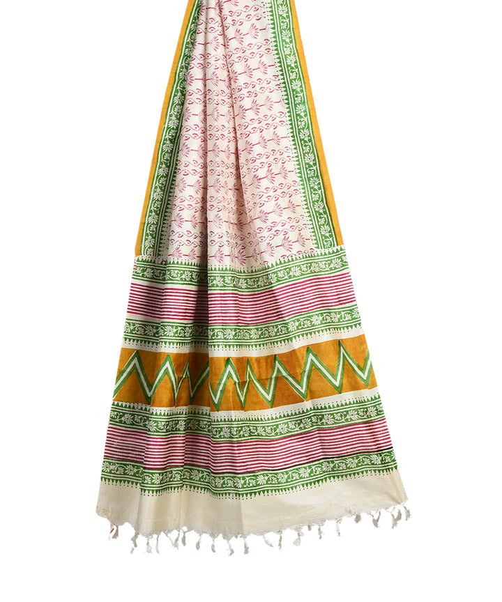 White pink bengal hand block printed silk dupatta