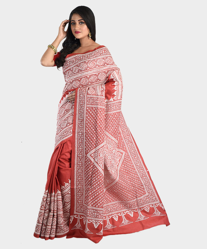 Maroon hand embroidery kantha stitch silk saree