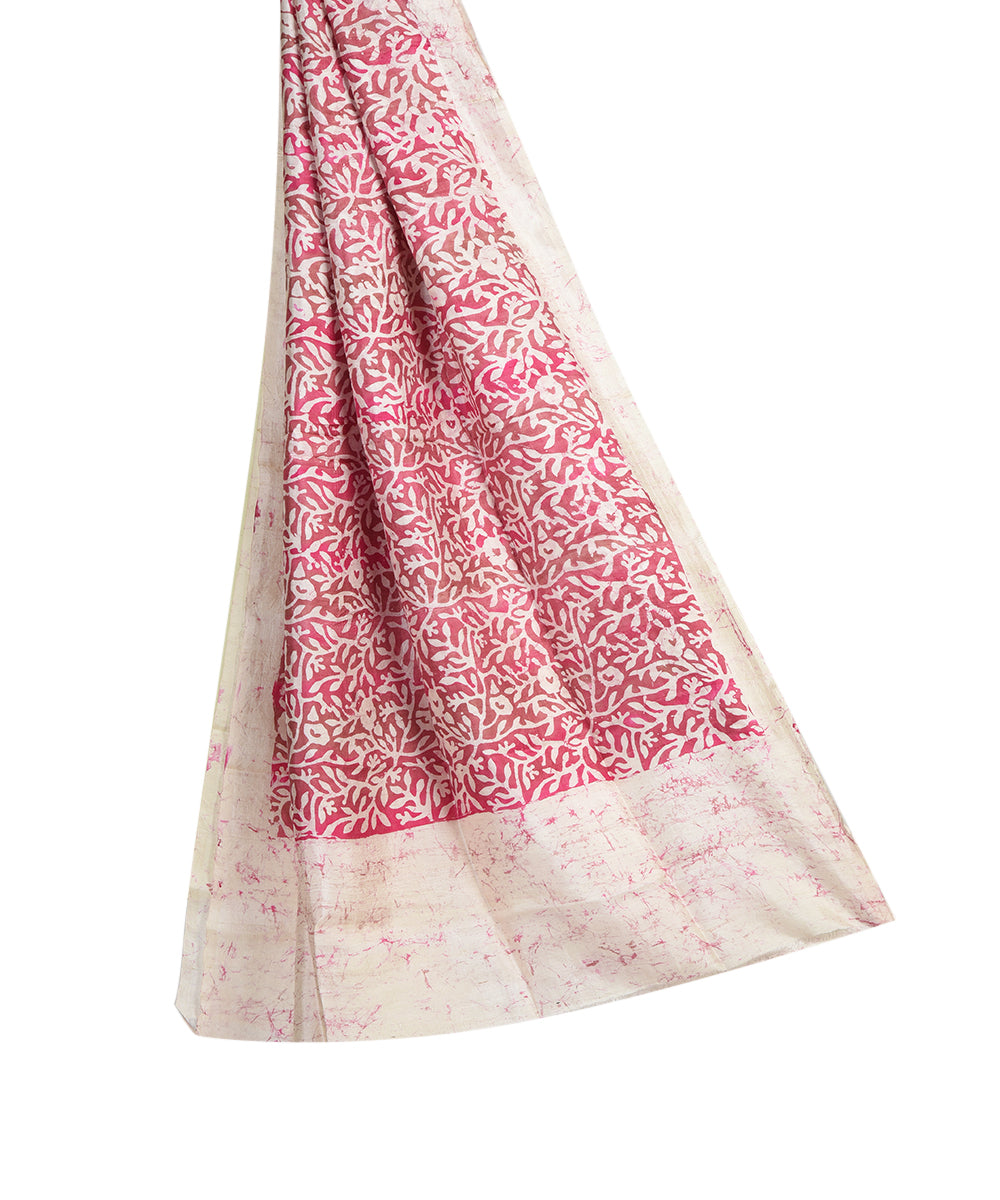 Pink beige bengal handwoven tie dye batik silk dupatta