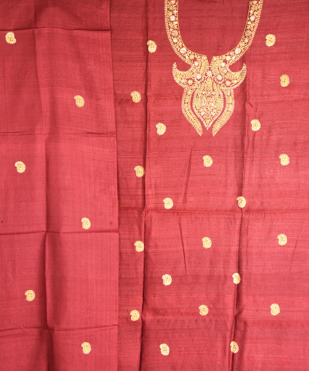 2pc Maroon hand embroidery tussar silk dress material