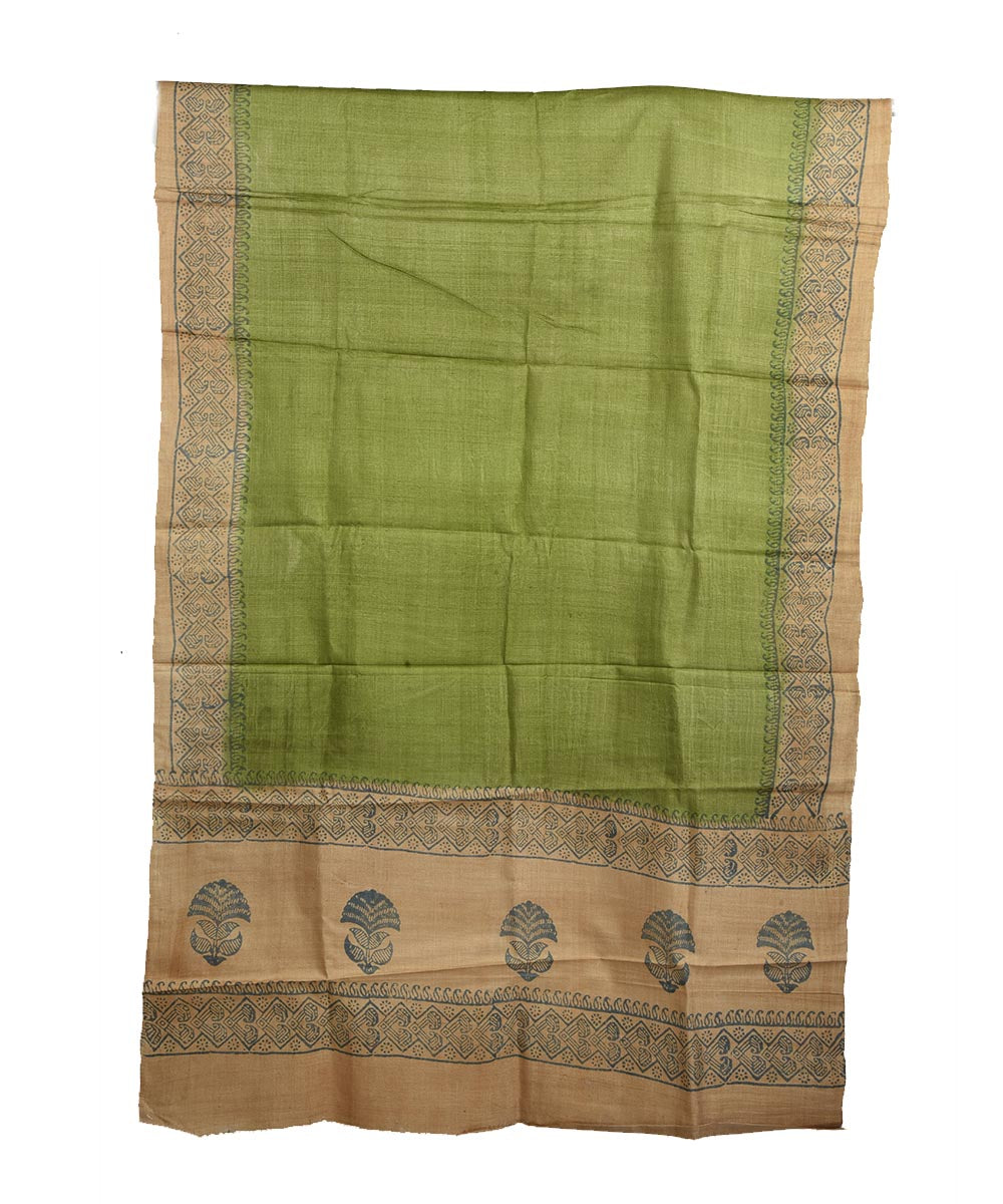 Lime green beige hand block print tussar silk dupatta