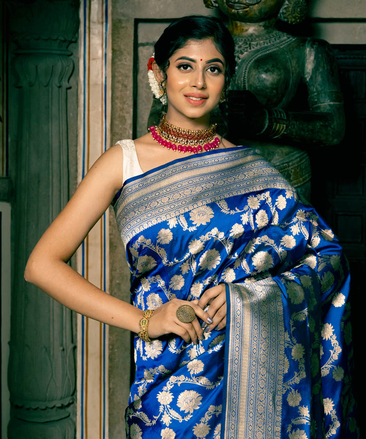 Dark navy blue silk handloom banarasi saree