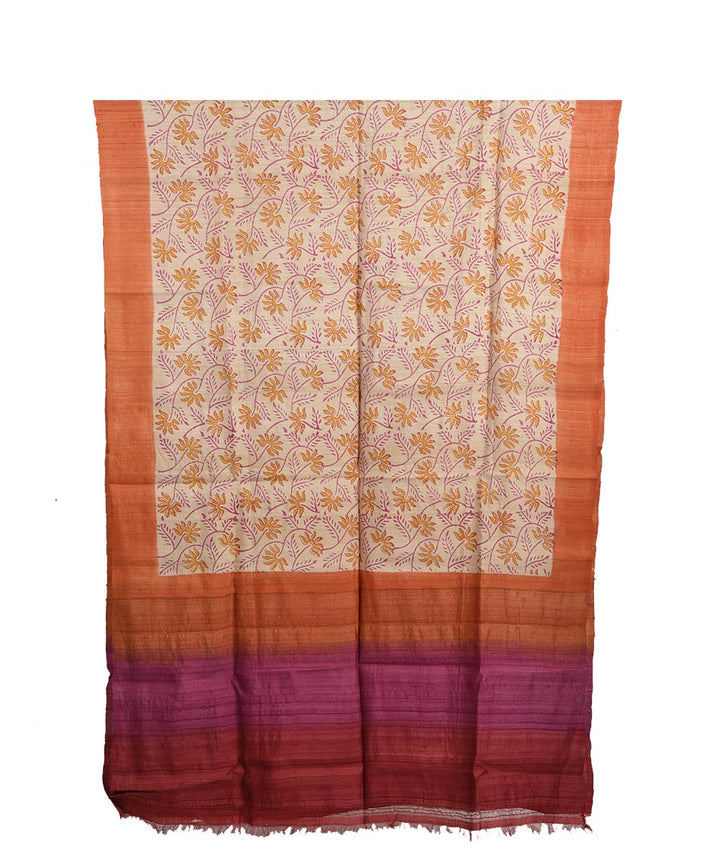 Orange beige hand block print tussar silk dupatta