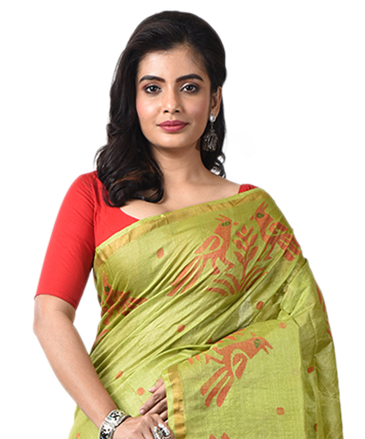 Light green handwoven tussar silk bengal jamdani saree