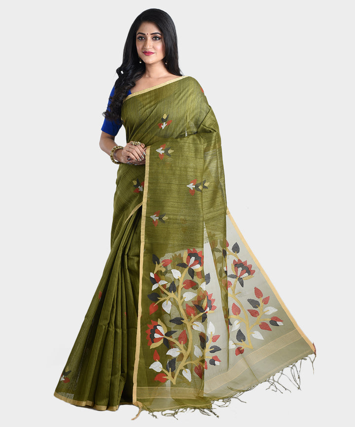 Olive green handwoven jamdani silk saree