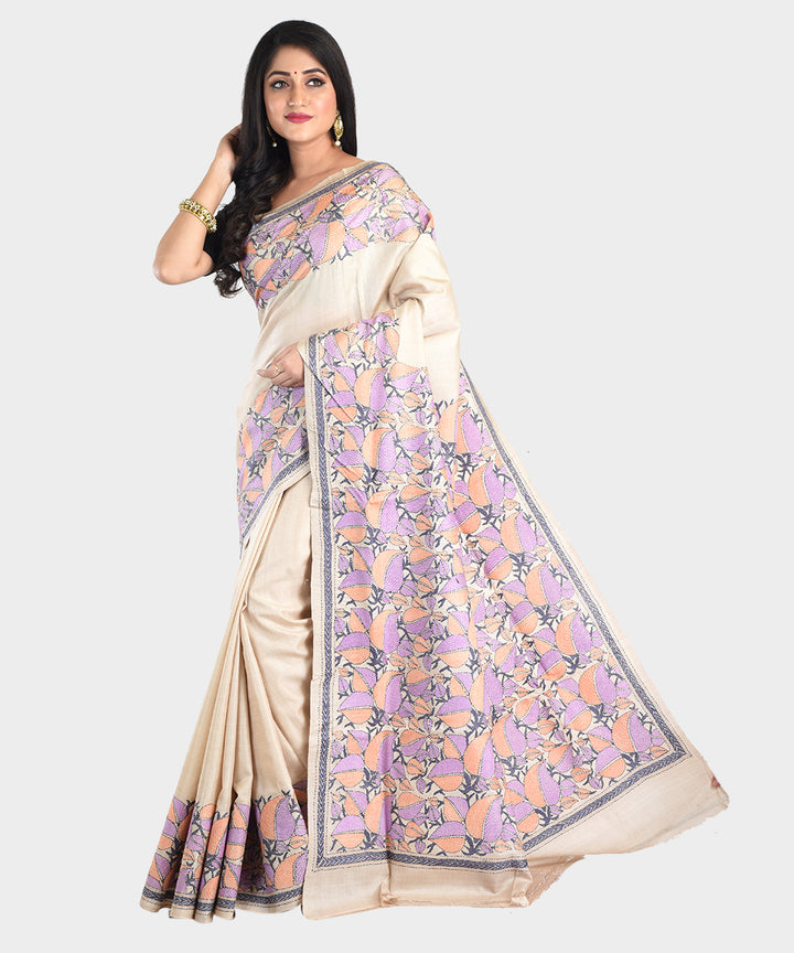 Beige multicolor kantha stitch hand embroidery tussar silk saree
