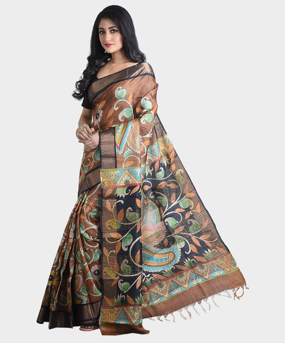 Dark brown hand painted kalamkari tussar silk saree